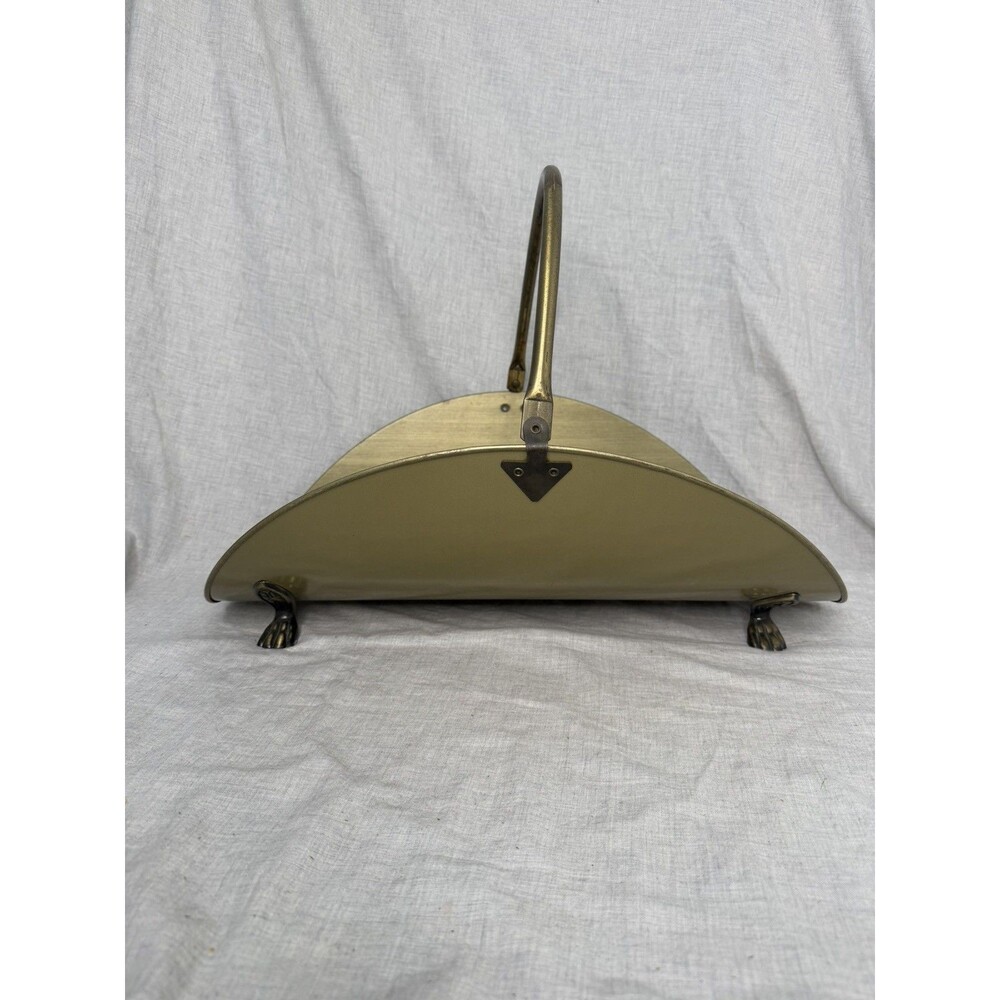 Vintage Brass Fireplace Log Holder Fire Wood Kindling Magazine Claw Feet Handle